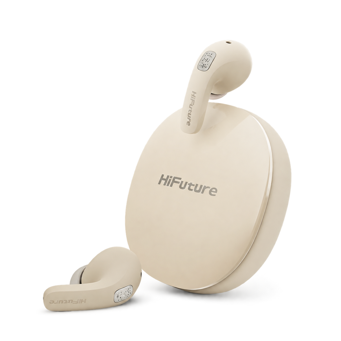 Écouteurs HiFuture FlyBuds 4 AI beige et leur boîtier