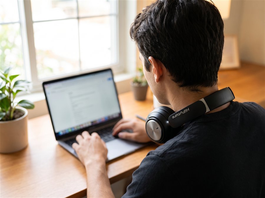 Casque HiFuture autour du cou au bureau